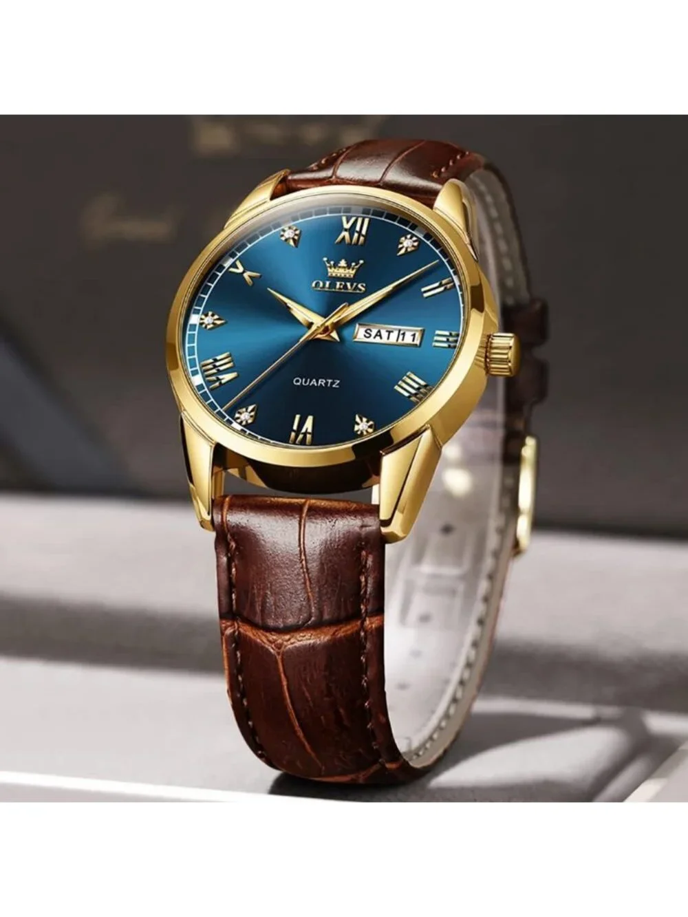 Men's Blue Fashion Quartz Leather Brown Buckle Waterproof Luminous Round Watch